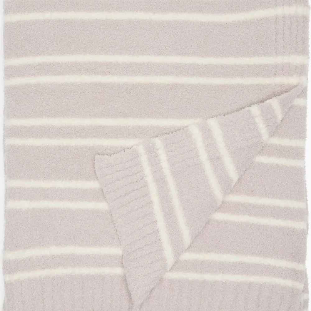 🆕Barefoot Dreams CozyChic Double Stripe Sandstone Cream Plush Throw Blanket